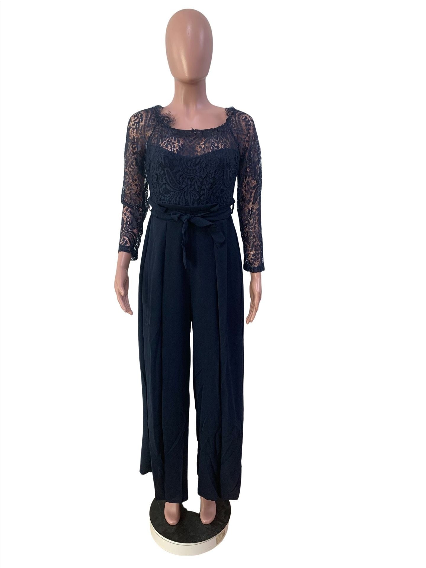 Jumpsuits - Women's Solid Color Lace High Waist Strap Loose Jumpsuit