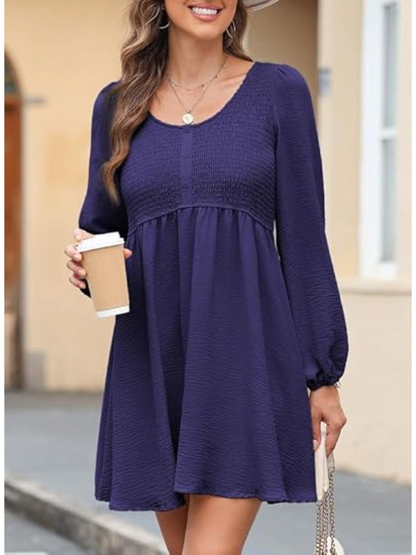 Casual Dresses - Long Sleeve High Waist A- Line Mini Dress