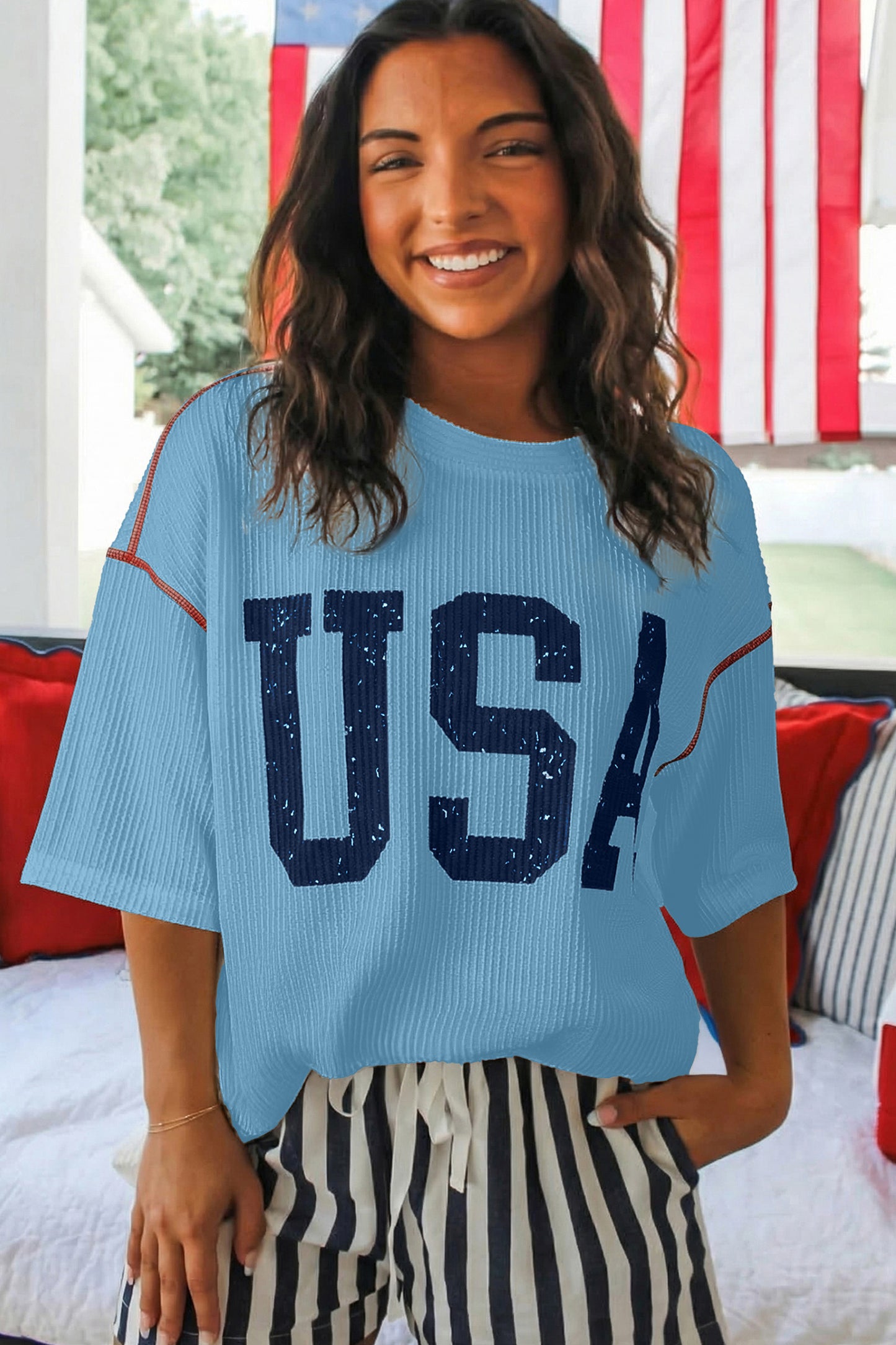 Tops & Tees - White USA Graphic Half Sleeve Loose Ribbed Top