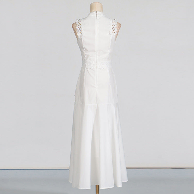 A-Line Dresses - Round Neck Sleeveless Waist Lace Stitching Solid Color Dress