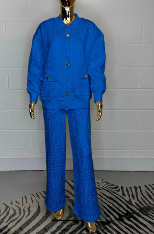 Pants Set - Women's Plain Buckle Pocket Suit 2-piece Set