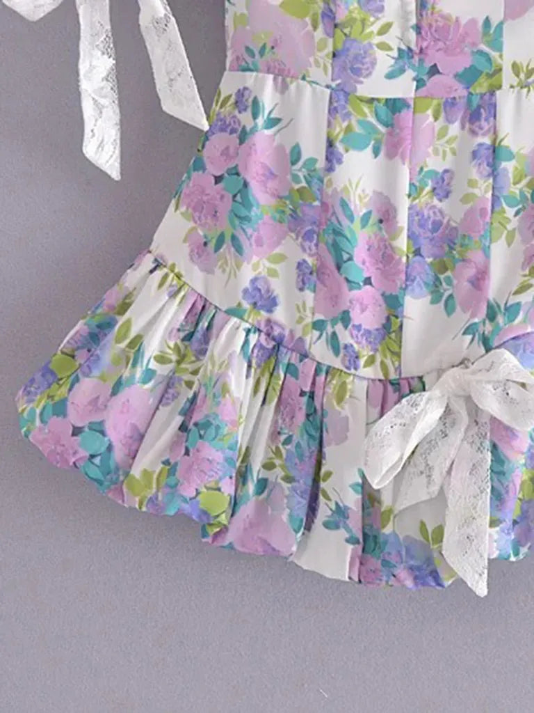 💃🔥Vintage Damen-Minikleid mit floralem Remi-Ausschnitt, Puffärmeln und tiefem Ausschnitt💃🔥