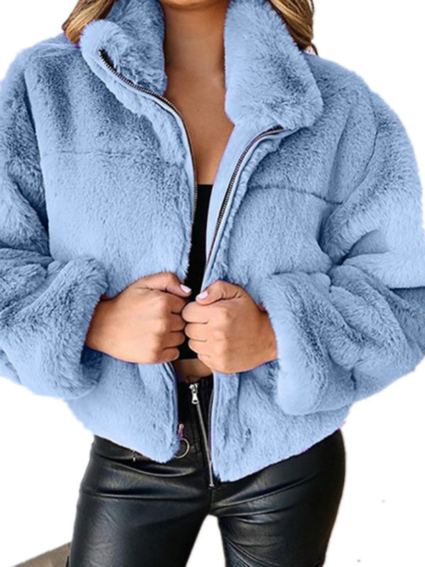 Faux Fur Stand Collar Zip Jacket