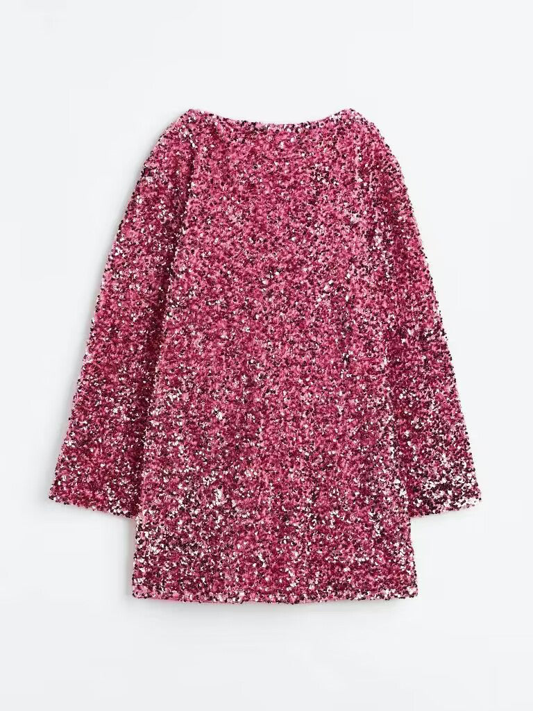 Tunic Dresses- Sparkle Sequin Mini Dress - Oversized Flare-Sleeve Tunic- - Pekosa Women Clothing