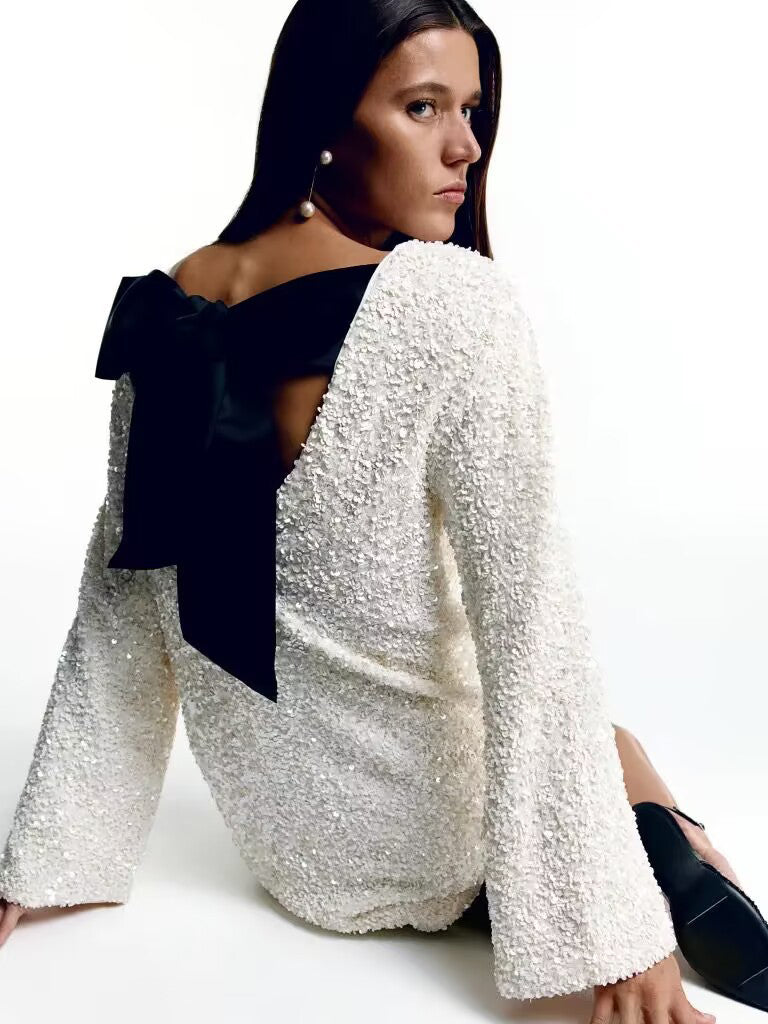 Tunic Dresses- Sparkle Sequin Mini Dress - Oversized Flare-Sleeve Tunic- - Pekosa Women Clothing