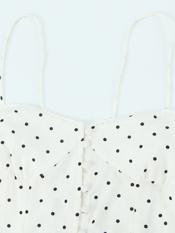 Cami Dresses - Fashionable suspender polka dot print single-breasted dress