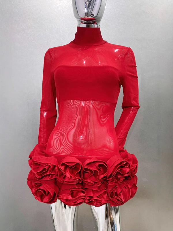 Party Dresses - Sexy see-through mesh flower bud skirt ultra-short red dress sexy hot birthday party dress