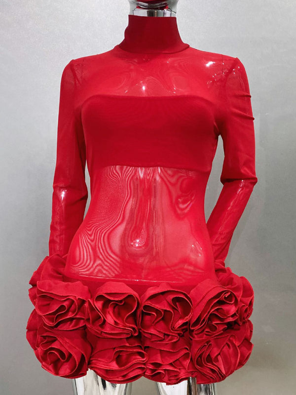 Party Dresses - Sexy see-through mesh flower bud skirt ultra-short red dress sexy hot birthday party dress