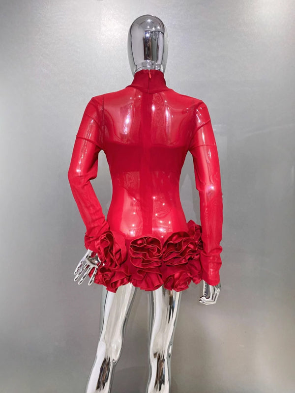 Party Dresses - Sexy see-through mesh flower bud skirt ultra-short red dress sexy hot birthday party dress