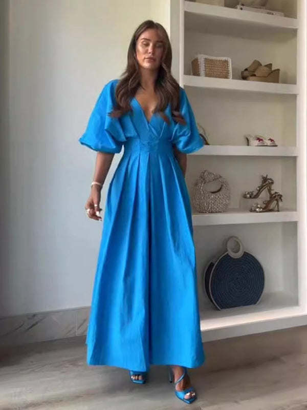 Casual Dresses - New Blue V-neck Pleated Maxi Dress Loose Elegant Dress