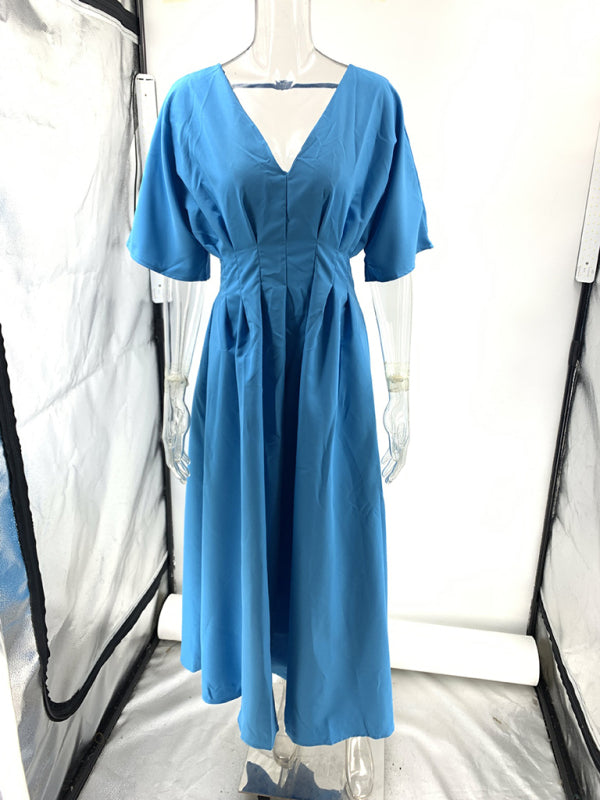 Casual Dresses - New Blue V-neck Pleated Maxi Dress Loose Elegant Dress