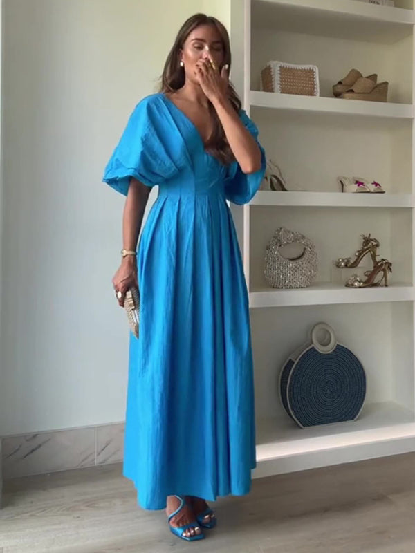 Casual Dresses - New Blue V-neck Pleated Maxi Dress Loose Elegant Dress