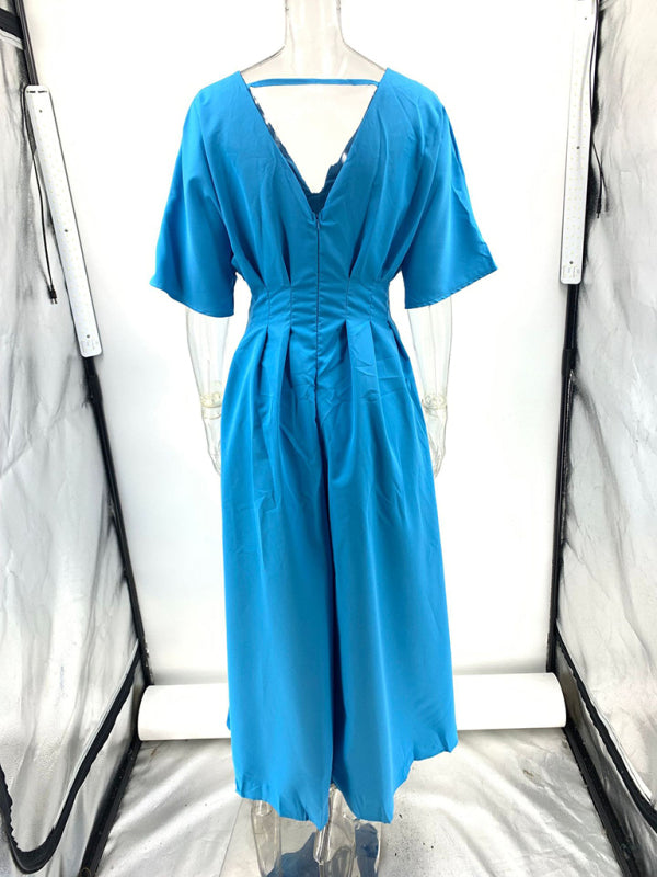 Casual Dresses - New Blue V-neck Pleated Maxi Dress Loose Elegant Dress