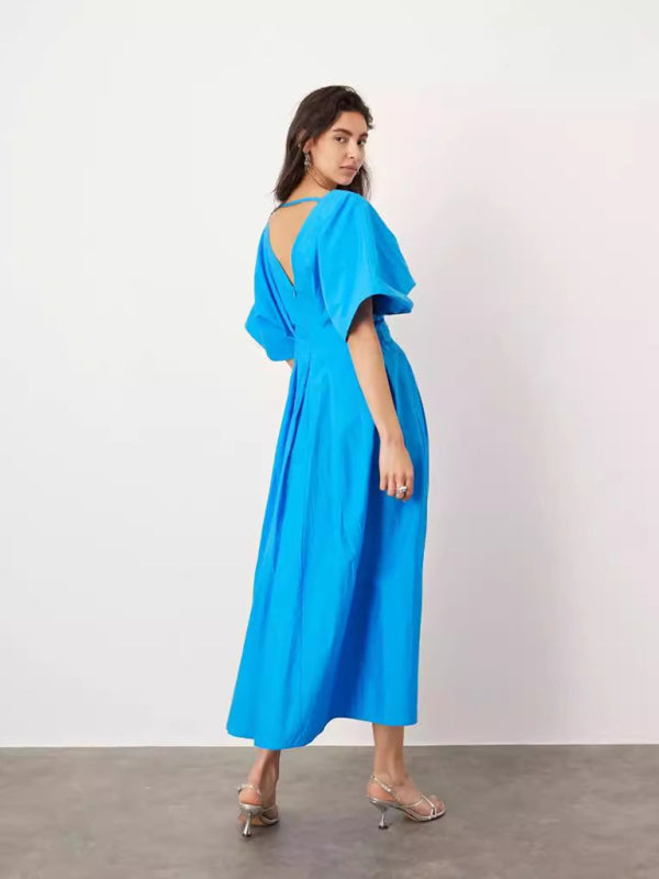 Casual Dresses - New Blue V-neck Pleated Maxi Dress Loose Elegant Dress
