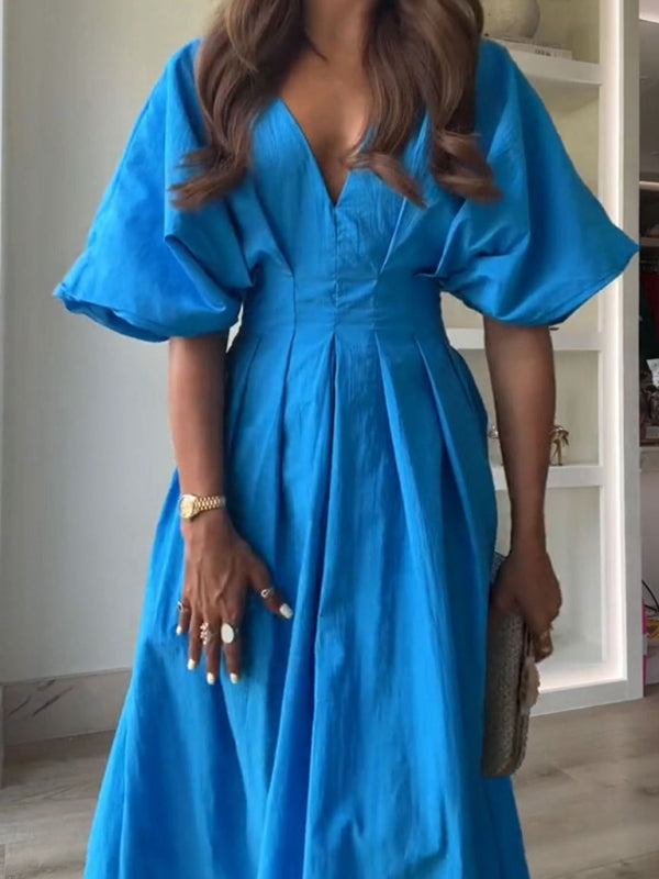 Casual Dresses - New Blue V-neck Pleated Maxi Dress Loose Elegant Dress