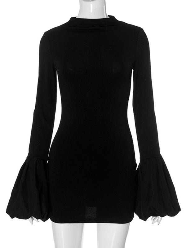 Mini Dresses - Women's round neck long sleeve puff sleeve dress