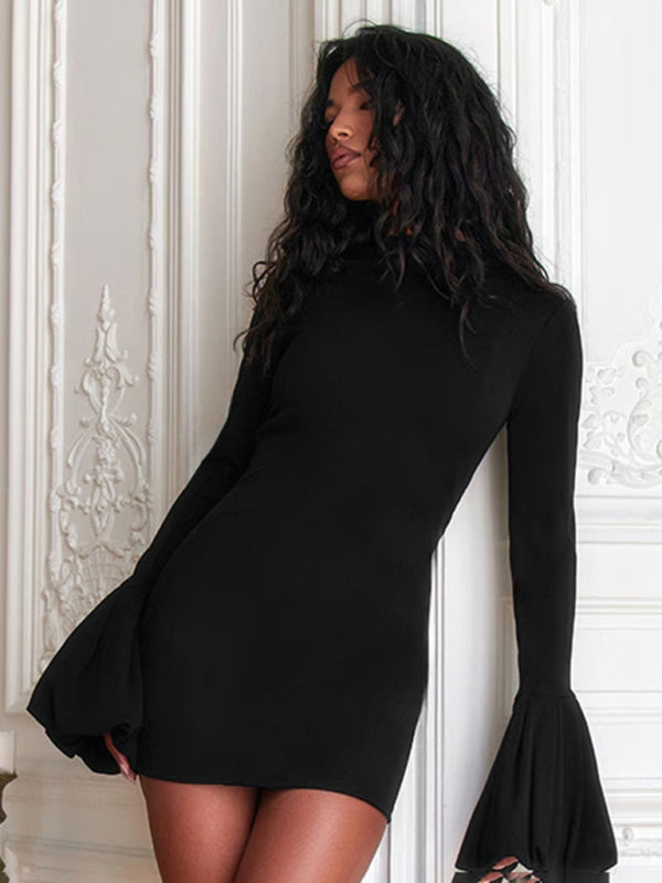 Mini Dresses - Women's round neck long sleeve puff sleeve dress