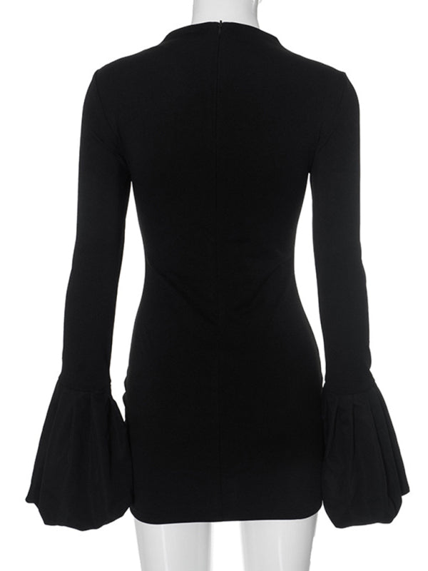 Mini Dresses - Women's round neck long sleeve puff sleeve dress