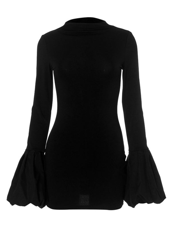 Mini Dresses - Women's round neck long sleeve puff sleeve dress