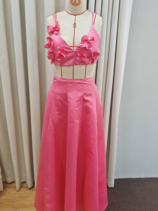 Matching sets - Holiday dress solid color tube top camisole top high waist swing skirt suit