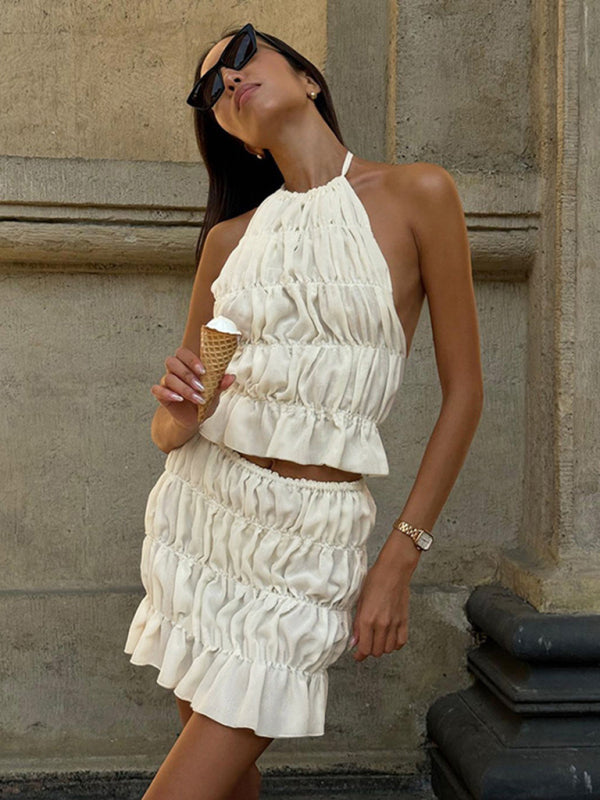 Skirt Set - Ladies new fashion sexy sleeveless halter neck pleated backless solid color short skirt suit