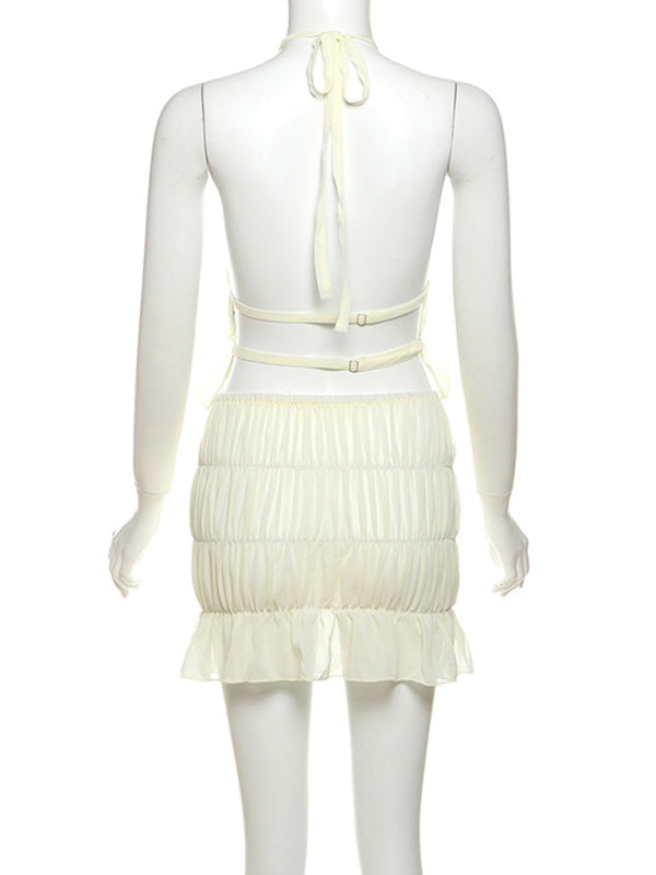 Skirt Set - Ladies new fashion sexy sleeveless halter neck pleated backless solid color short skirt suit