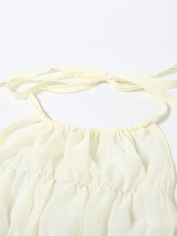 Skirt Set - Ladies new fashion sexy sleeveless halter neck pleated backless solid color short skirt suit