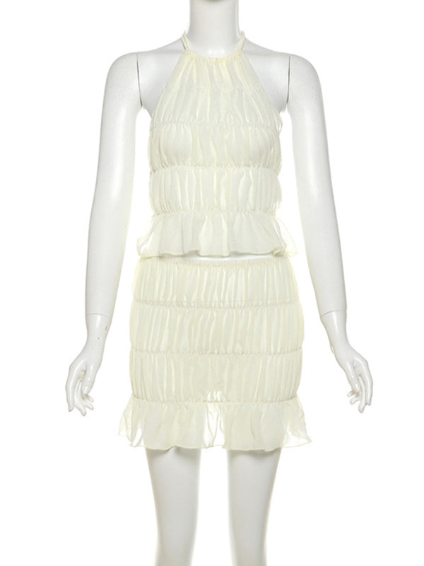 Skirt Set - Ladies new fashion sexy sleeveless halter neck pleated backless solid color short skirt suit