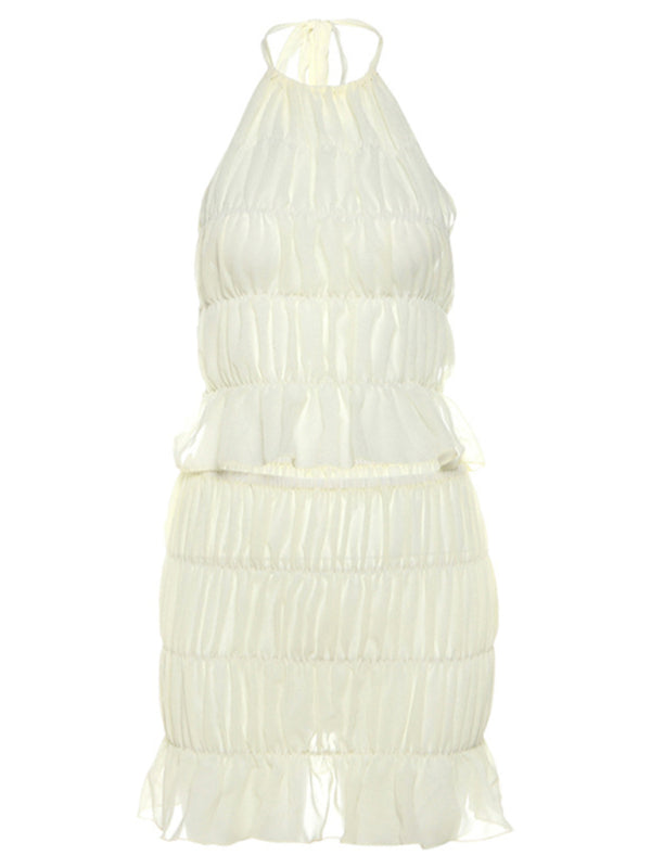 Skirt Set - Ladies new fashion sexy sleeveless halter neck pleated backless solid color short skirt suit