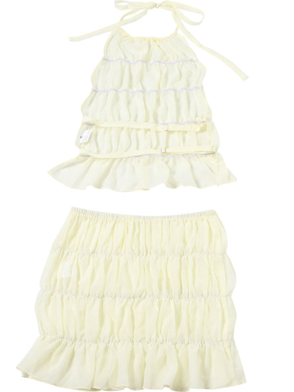 Skirt Set - Ladies new fashion sexy sleeveless halter neck pleated backless solid color short skirt suit