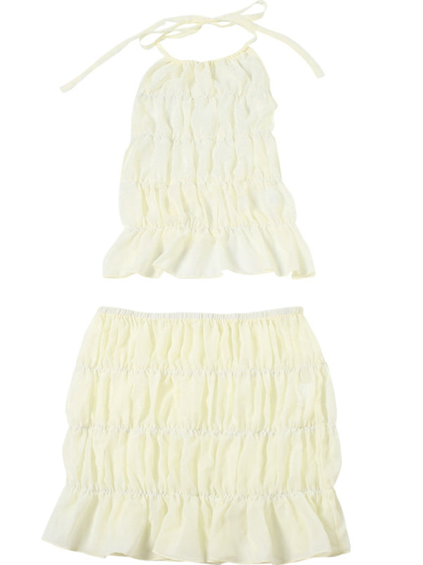 Skirt Set - Ladies new fashion sexy sleeveless halter neck pleated backless solid color short skirt suit