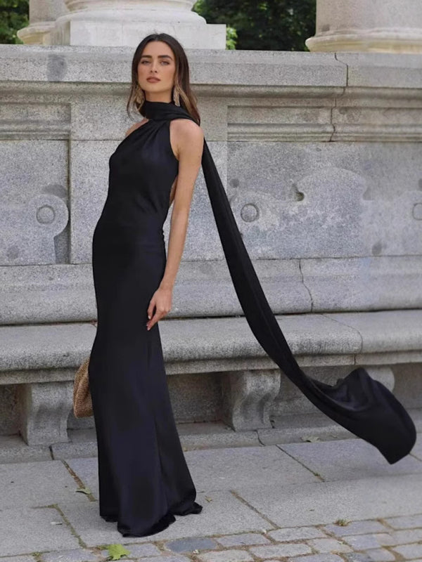 Elegant Dresses - New fashion simple single shoulder floor-length dress