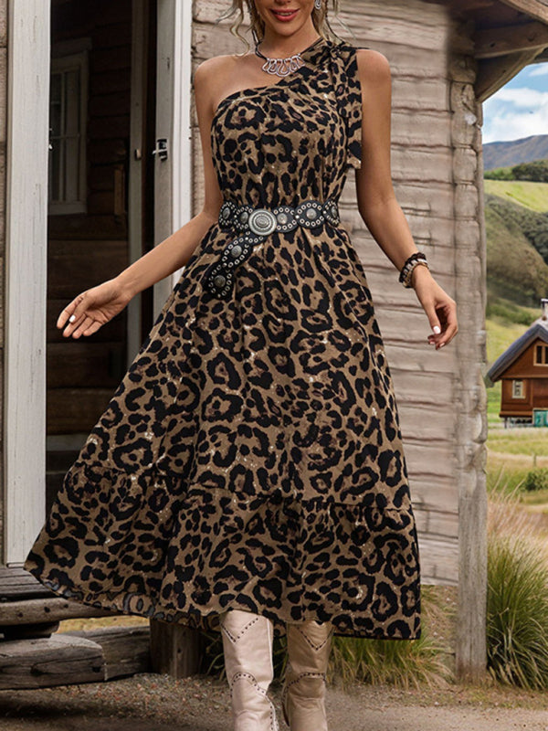 Midi Dresses - New A-line leopard print dress one-shoulder tie dress without belt