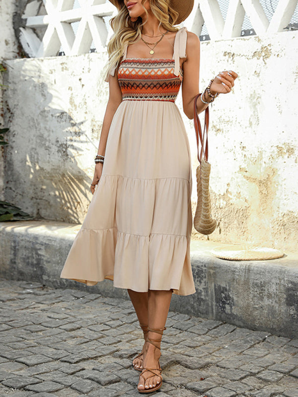 Casual Dresses - New style suspender skirt A-line stitching ethnic style dress