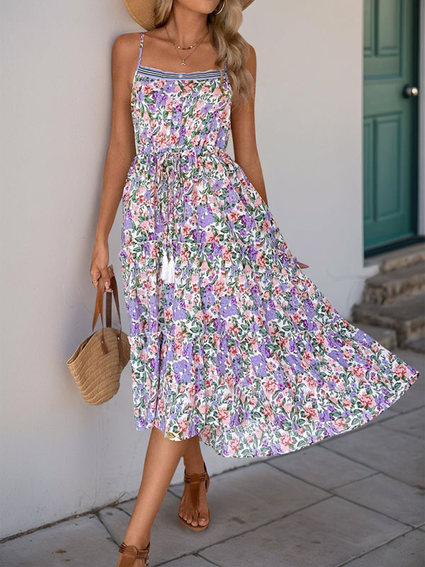 Casual Dresses - New style suspender skirt pleated printed ruffle dress