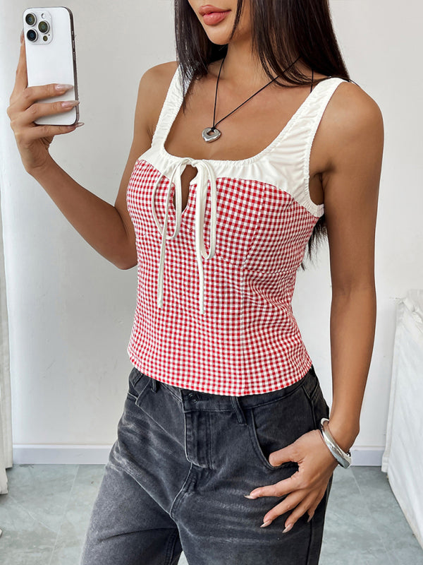 Sleeveless Tops - Contrast color plaid lace-up hollow sweet hot girl slim vest camisole