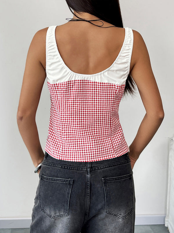 Sleeveless Tops - Contrast color plaid lace-up hollow sweet hot girl slim vest camisole