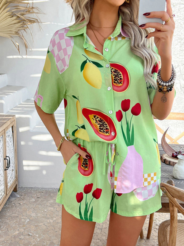 Vacation Set - Pompeii print casual holiday style floral contrast color cardigan short pants set