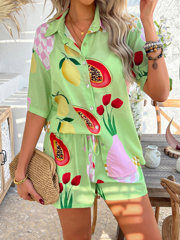 Vacation Set - Pompeii print casual holiday style floral contrast color cardigan short pants set