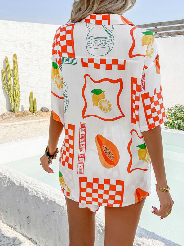 Vacation Set - Pompeii print casual holiday style floral contrast color cardigan short pants set