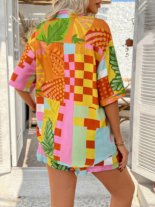 Vacation Set - Pompeii print casual holiday style floral contrast color cardigan short pants set