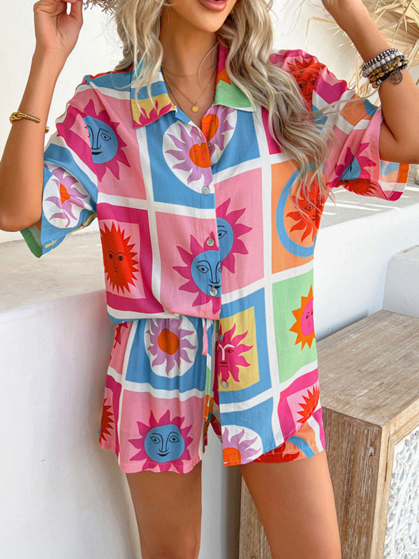 Vacation Set - Pompeii print casual holiday style floral contrast color cardigan short pants set