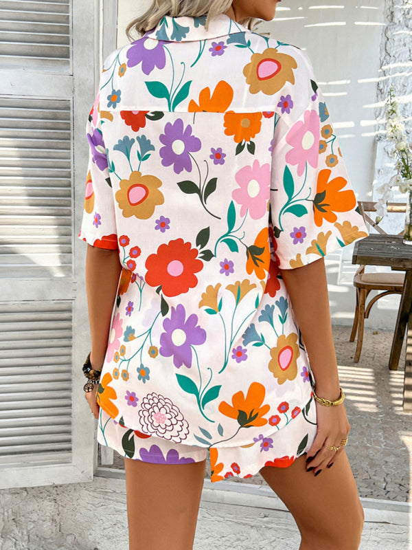 Vacation Set - Pompeii print casual holiday style floral contrast color cardigan short pants set