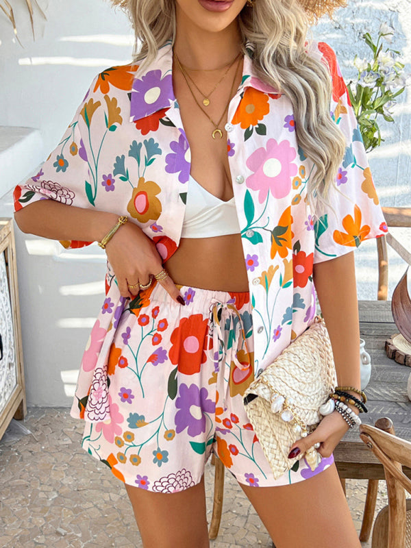 Vacation Set - Pompeii print casual holiday style floral contrast color cardigan short pants set