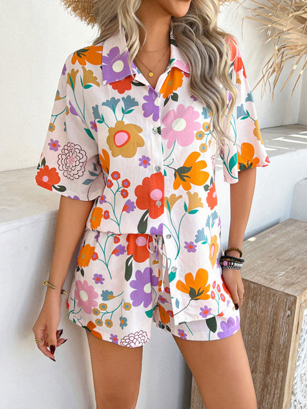 Vacation Set - Pompeii print casual holiday style floral contrast color cardigan short pants set