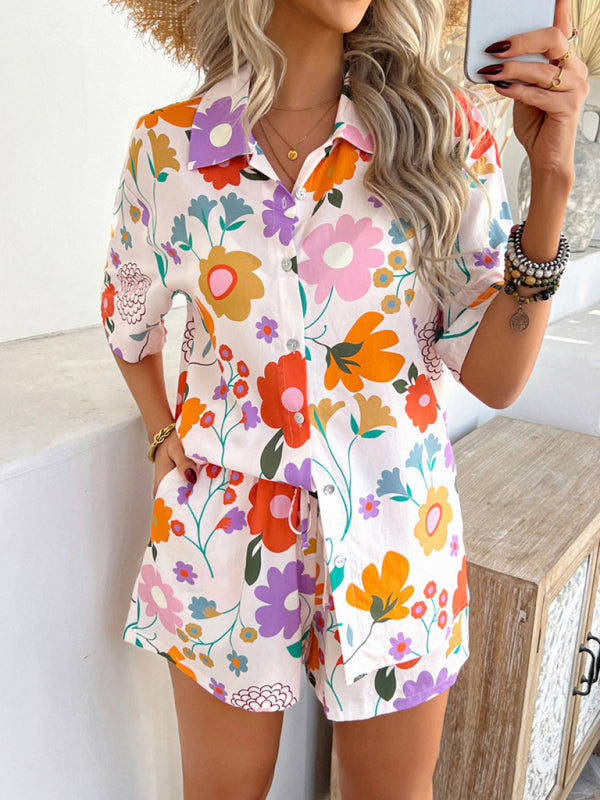 Vacation Set - Pompeii print casual holiday style floral contrast color cardigan short pants set