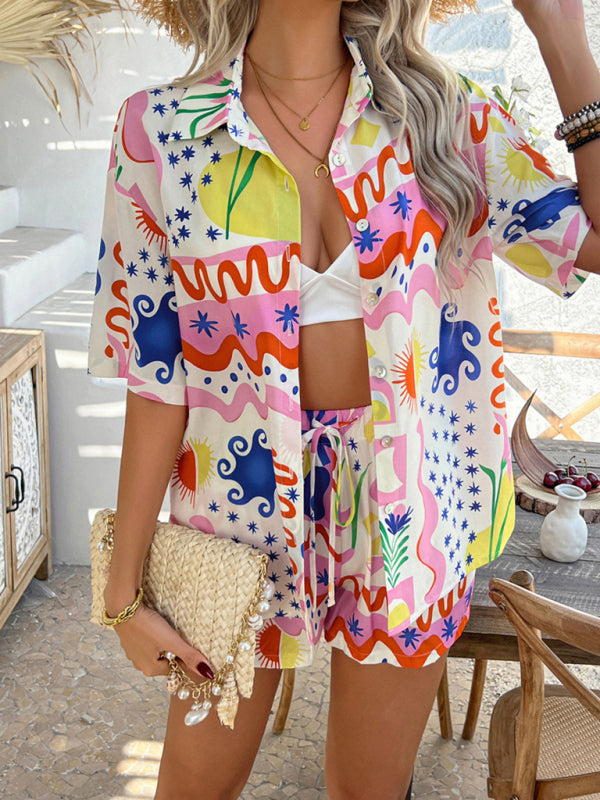 Vacation Set - Pompeii print casual holiday style floral contrast color cardigan short pants set