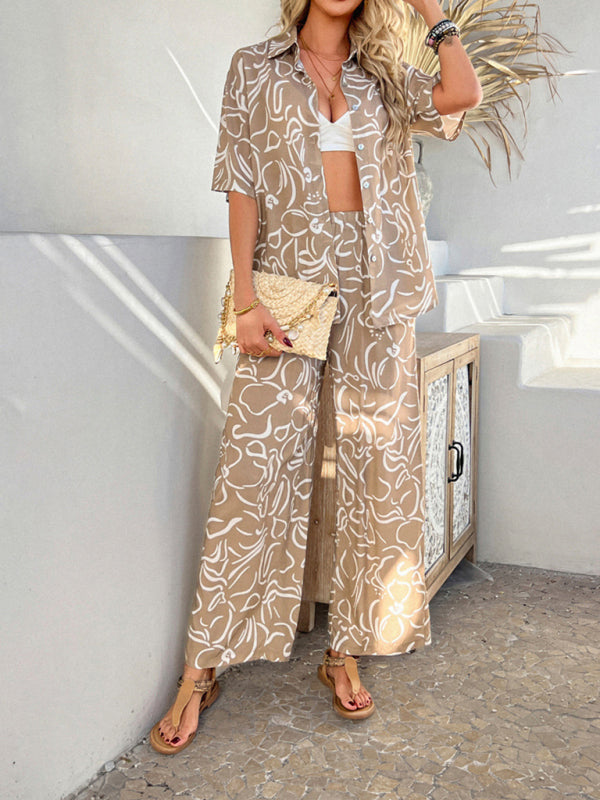 Matching Vacation Set - Casual Bohemian Holiday Style Contrast Print Wide Leg Trousers Set
