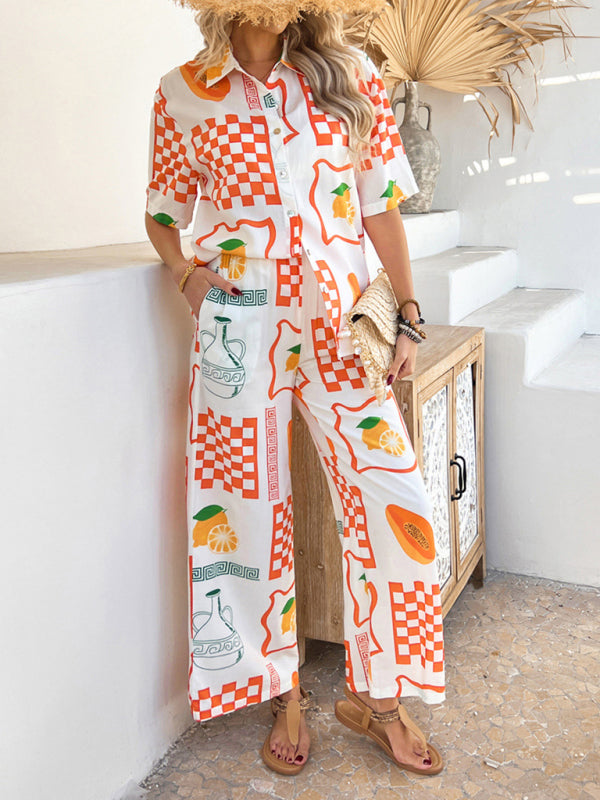 Matching Vacation Set - Casual Bohemian Holiday Style Contrast Print Wide Leg Trousers Set