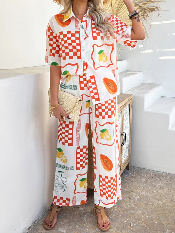 Matching Vacation Set - Casual Bohemian Holiday Style Contrast Print Wide Leg Trousers Set